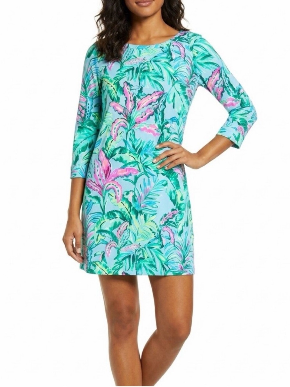 Lilly Pulitzer Aqua and Pink Tropical Leaf Cover-Up Dress